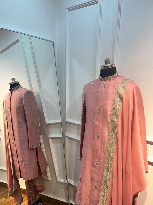 Peach pink sherwani kanduva set