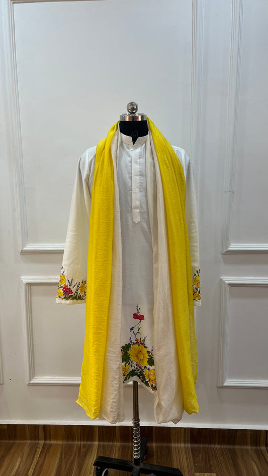 Floral Hand Painted Mens Haldi Kurta
