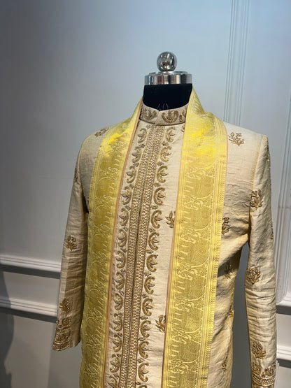 Raw Silk Sherwani with Pattu Dhoti and Kanduva
