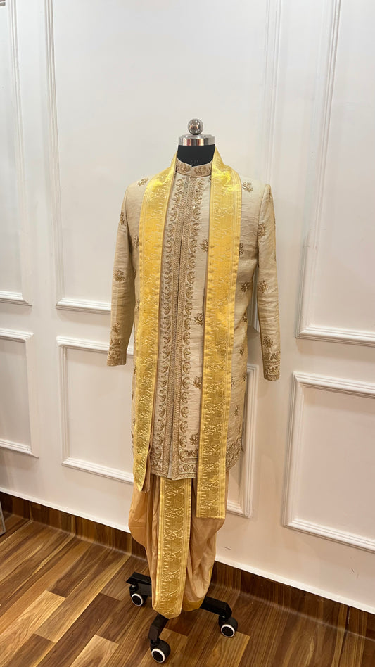 Raw Silk Sherwani with Pattu Dhoti and Kanduva