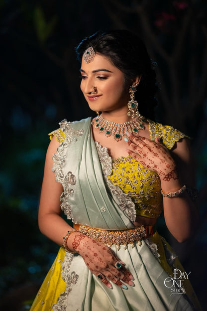 Yellow and Pastel Green Raw Silk Lehenga