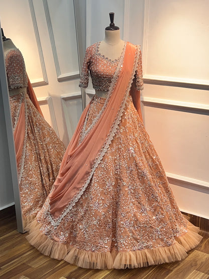 Pastel peach lehanga with work