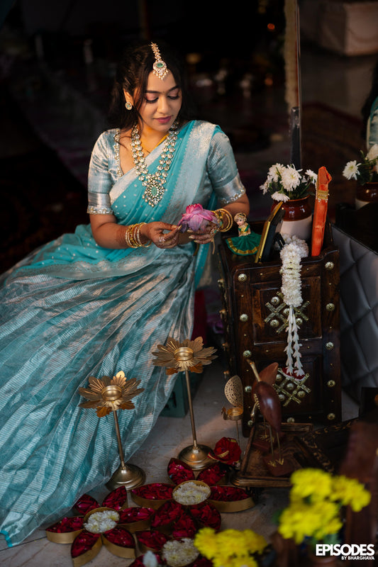 Pastel Blue Handwoven Zari Tissue Lehenga with Banarasi Georgette Dupatta