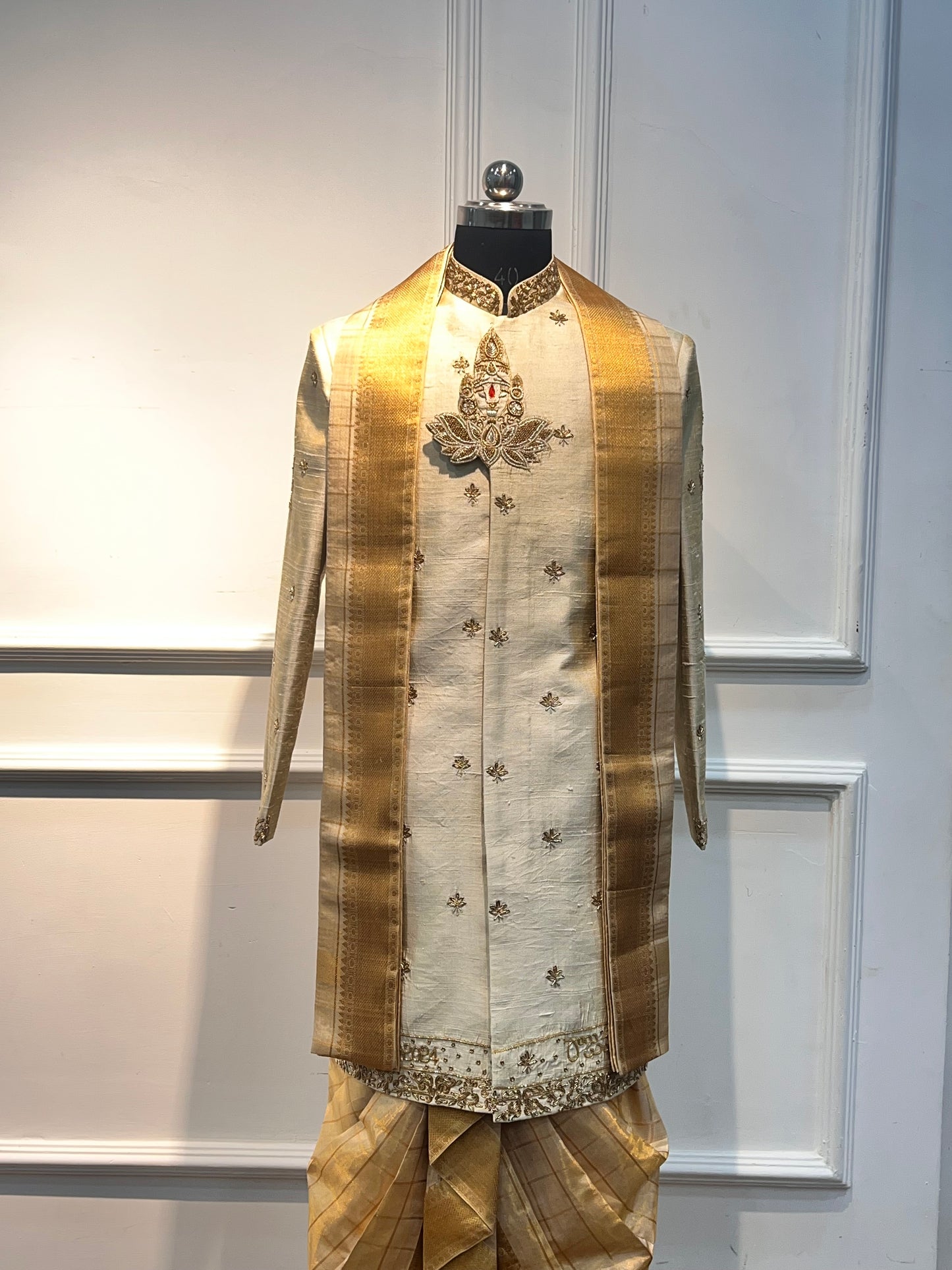 Pure Kanchi Pattu Dhoti & Kanduva with Tissue Raw Silk Sherwani