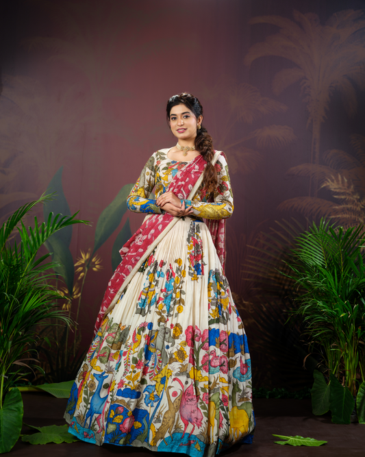Half White Pen Kalamkari Lehenga