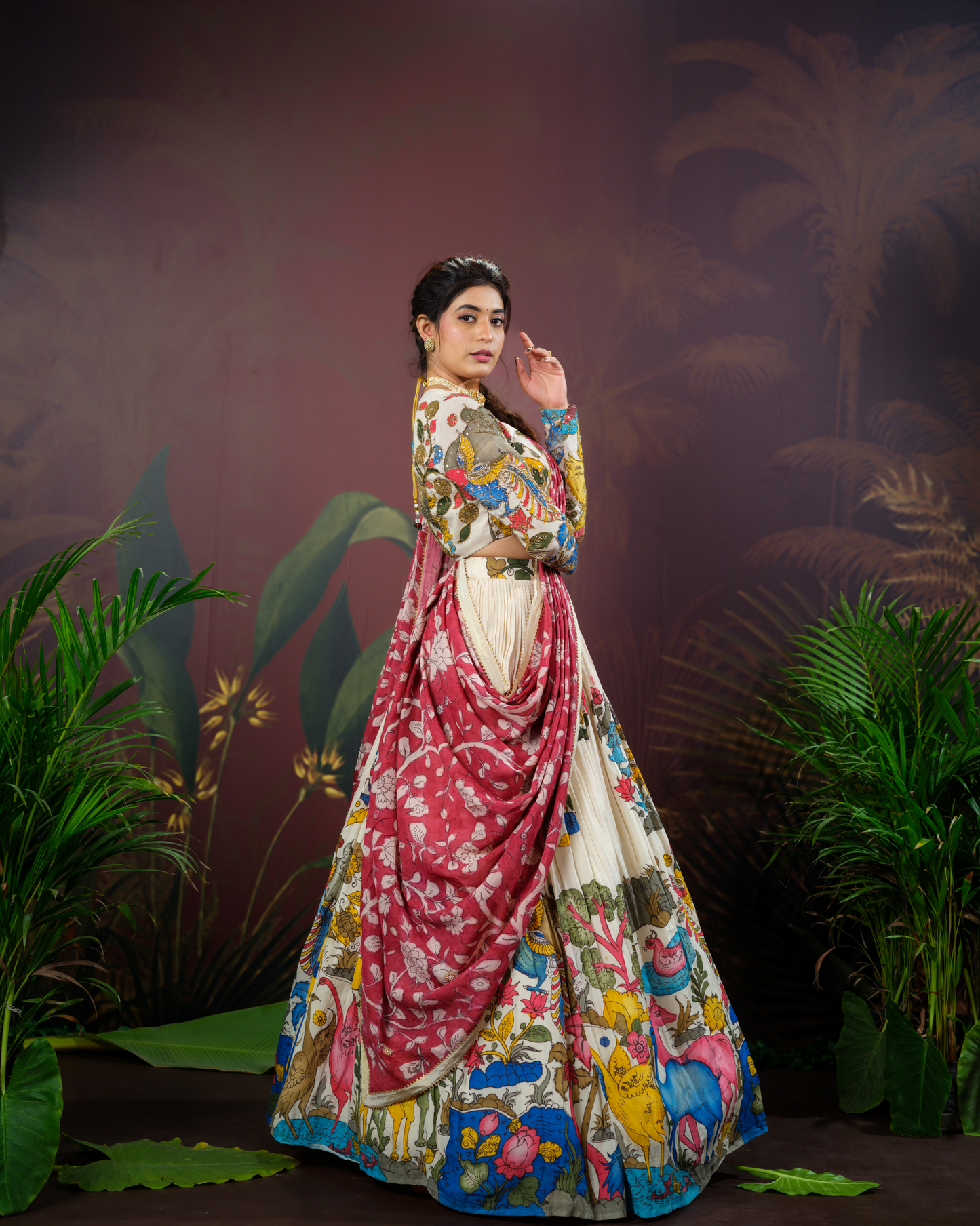 Half White Pen Kalamkari Lehenga