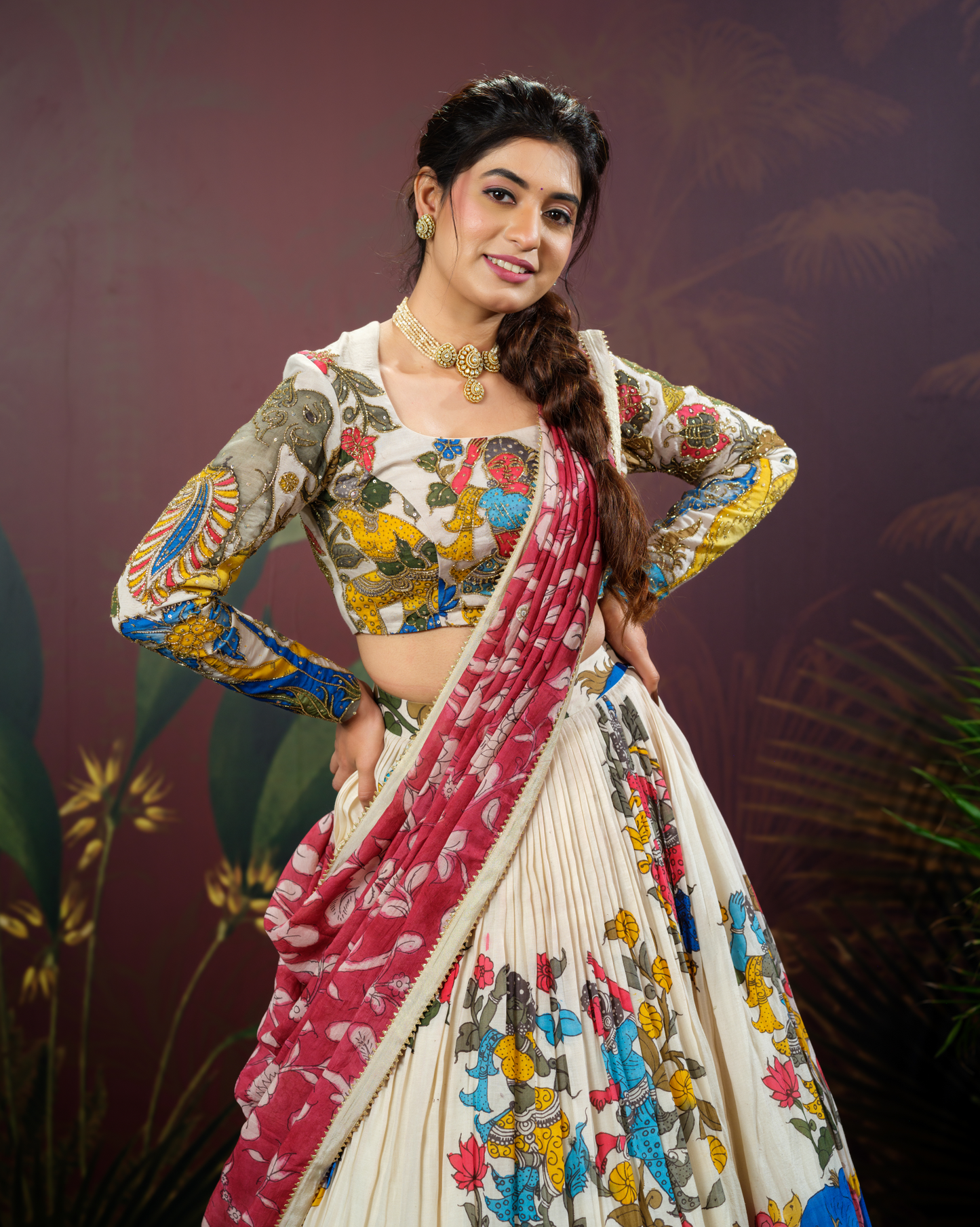 Half White Pen Kalamkari Lehenga