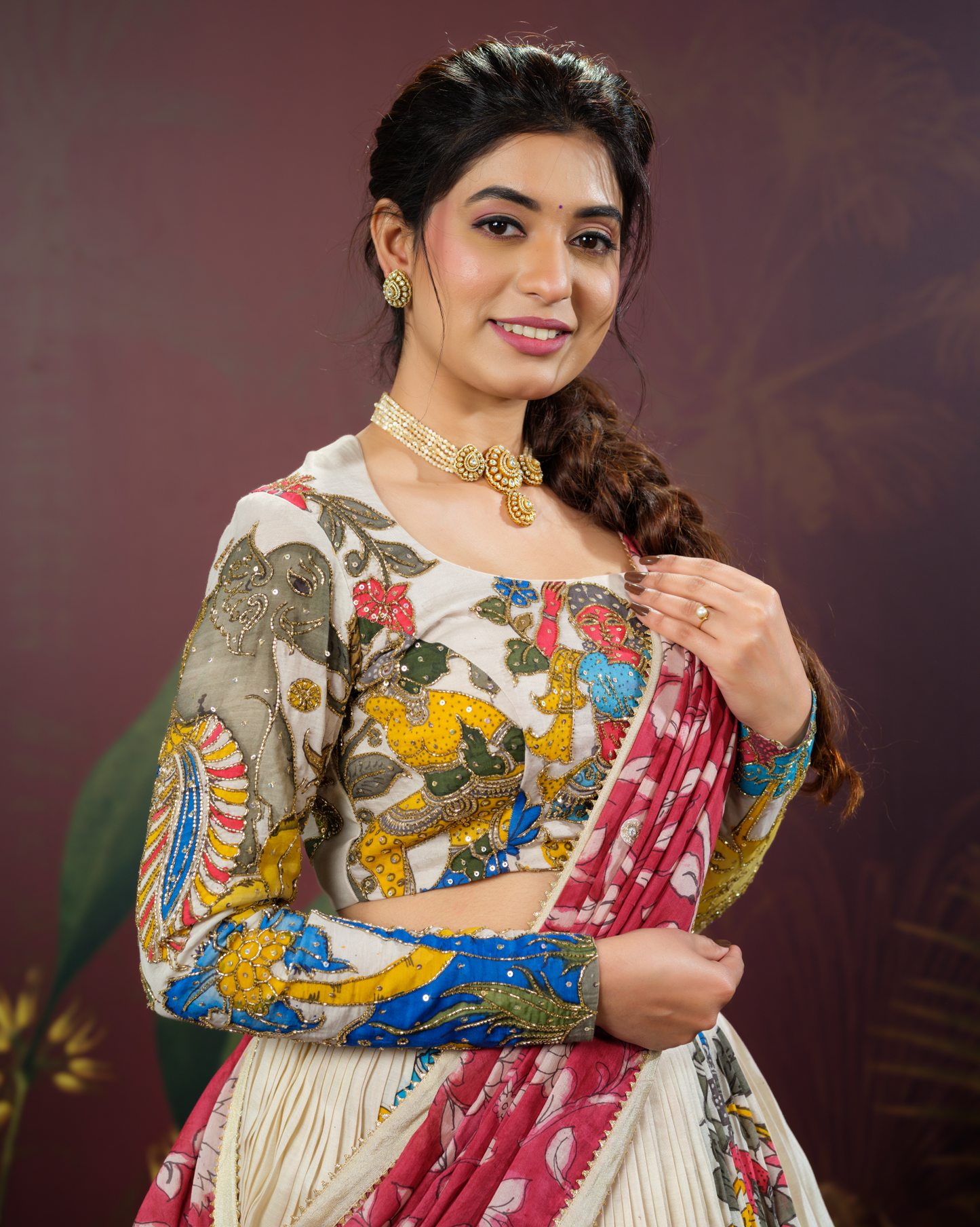 Half White Pen Kalamkari Lehenga