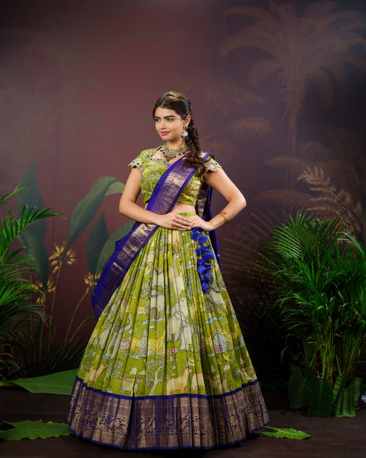 Mehendi Green Kanchi Pattu Kalamkari Lehenga