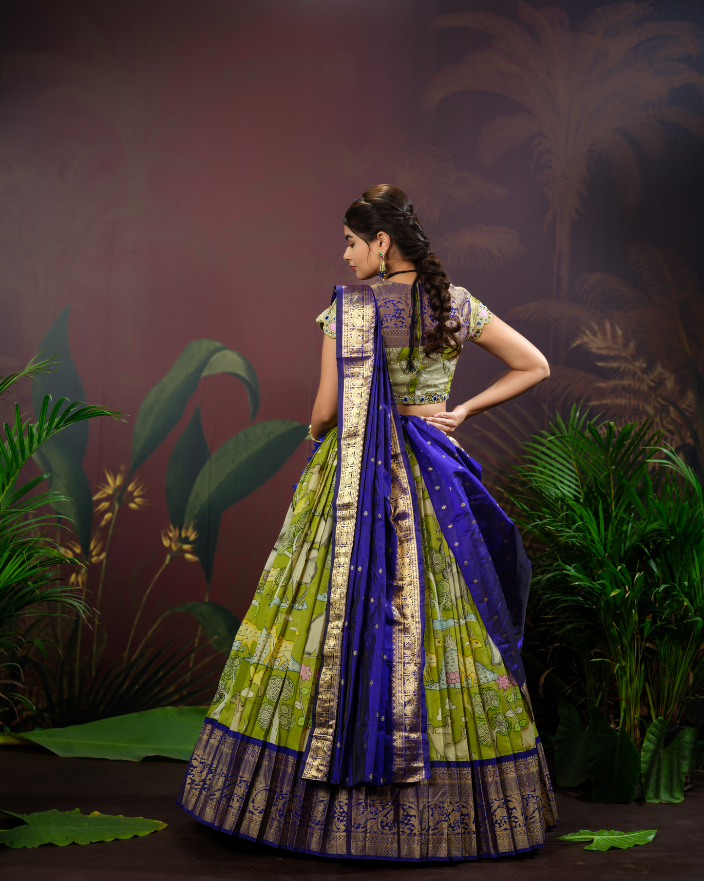 Mehendi Green Kanchi Pattu Kalamkari Lehenga