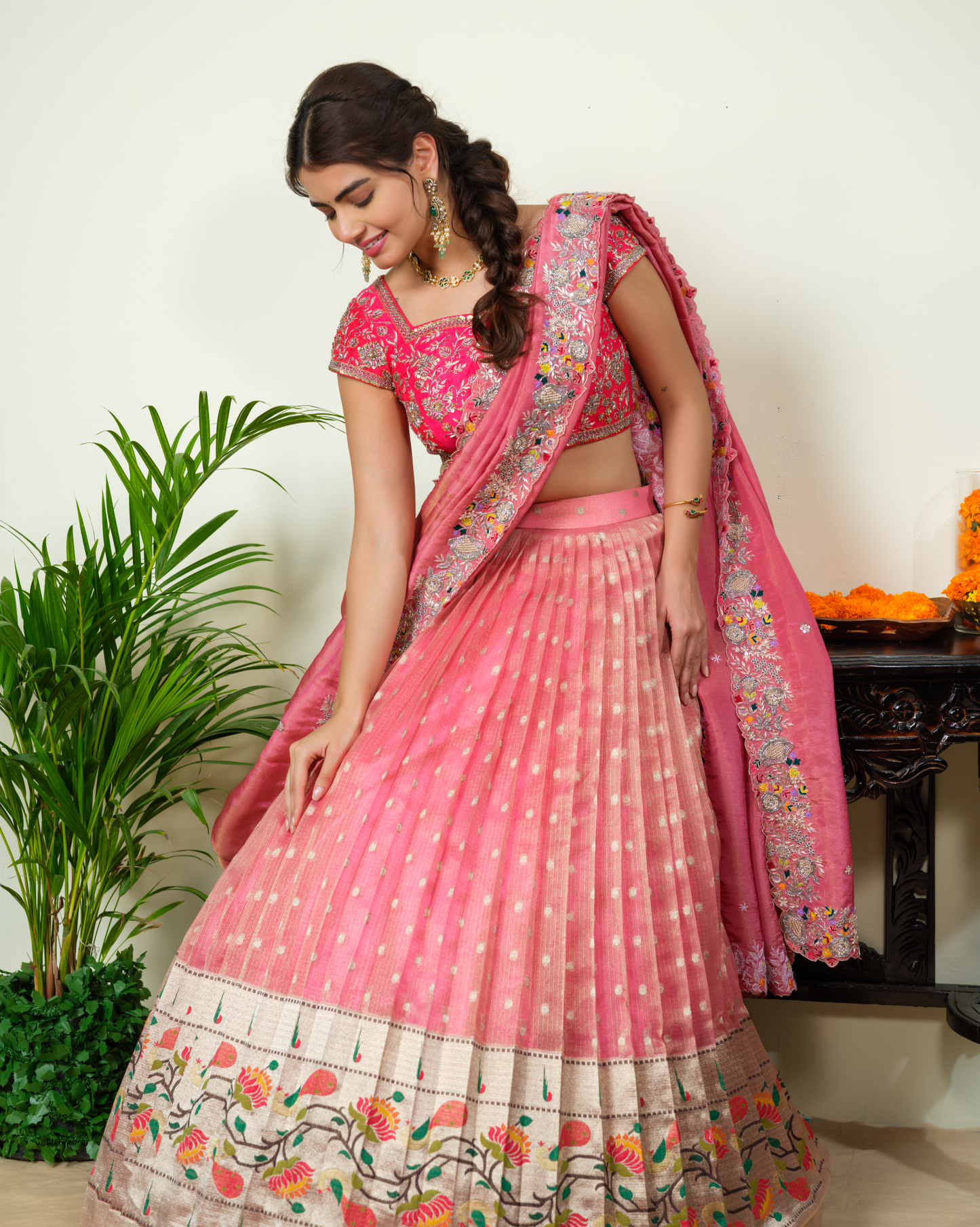 Peach Pink Zarikota Lehenga