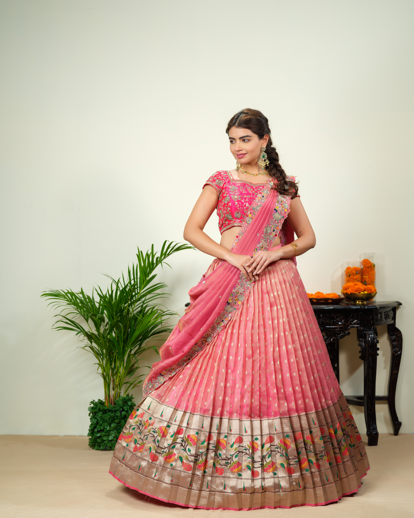 Peach Pink Zarikota Lehenga