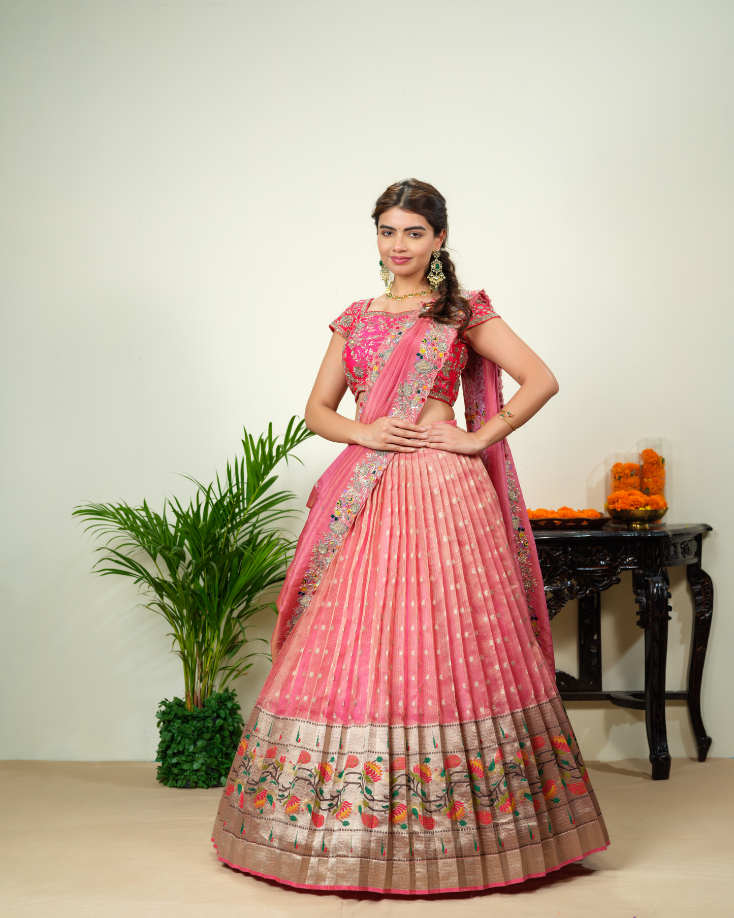 Peach Pink Zarikota Lehenga