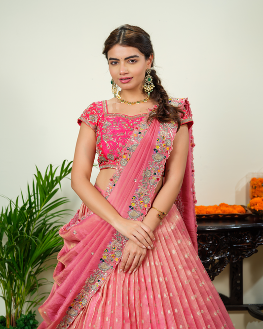 Peach Pink Zarikota Lehenga