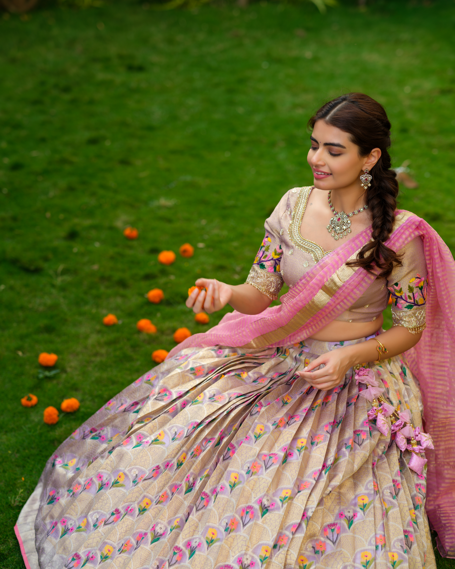 Multi color tissue zarikota lehenga