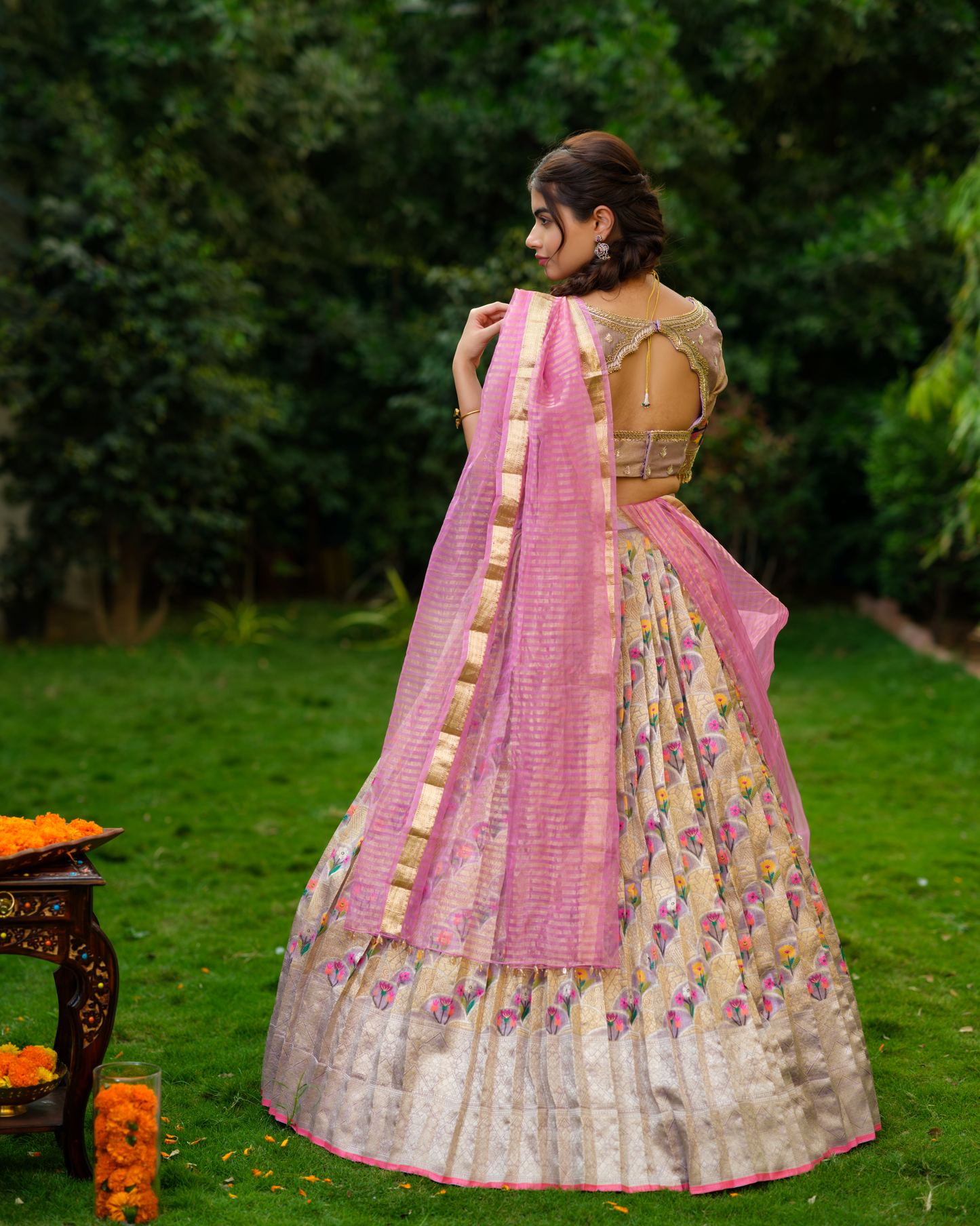 Multi color tissue zarikota lehenga