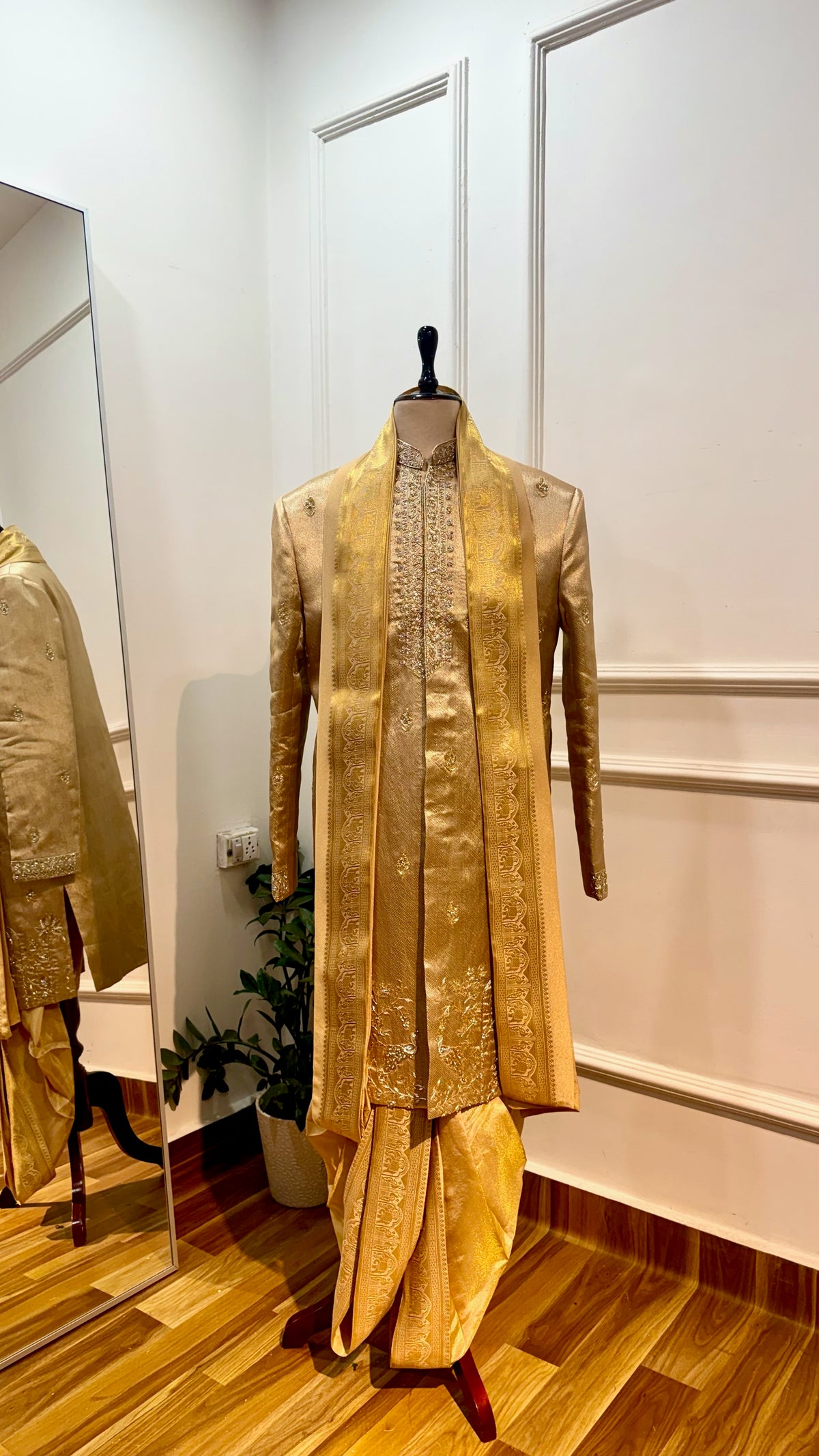 Luxurious textured silk tissue sherwani with hand embroidery