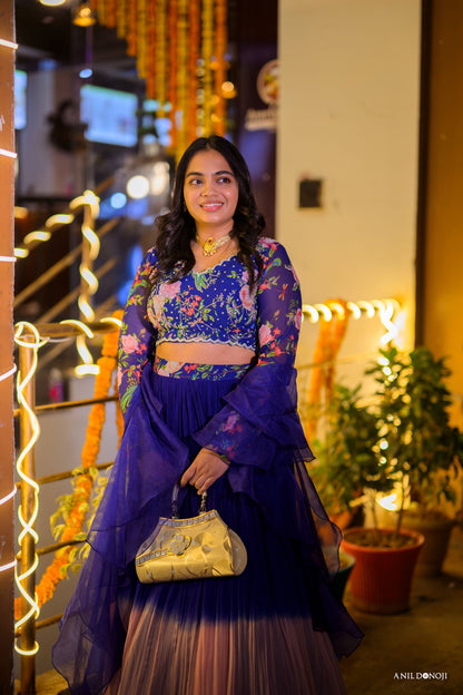 Blue & Peach Ombre Lehenga Set with Hand-Embroidered Blouse