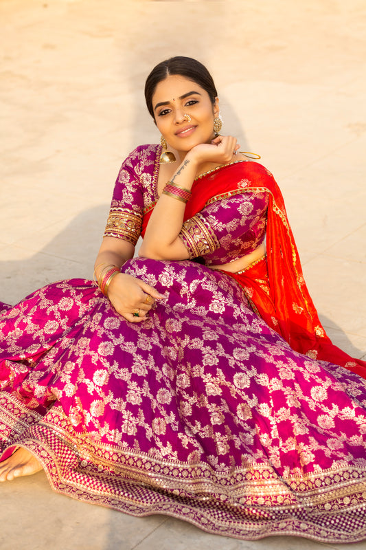 Banarasi Lehenga Set with Hand-Embroidered Blouse and Chinon Dupatta