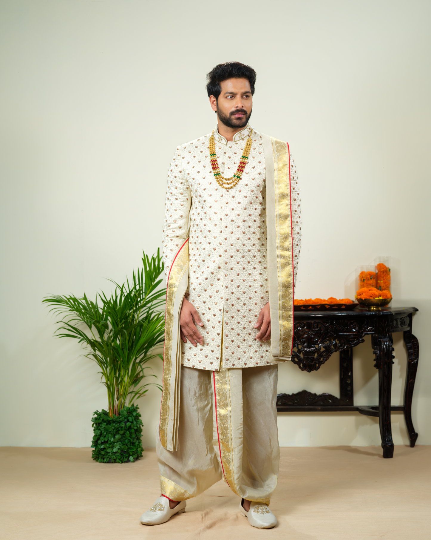 Namalu kanchipattu Sherwani Dhothi Set.