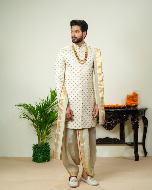 Namalu kanchipattu Sherwani Dhothi Set.