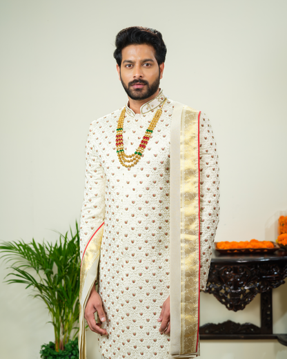 Namalu kanchipattu Sherwani Dhothi Set.