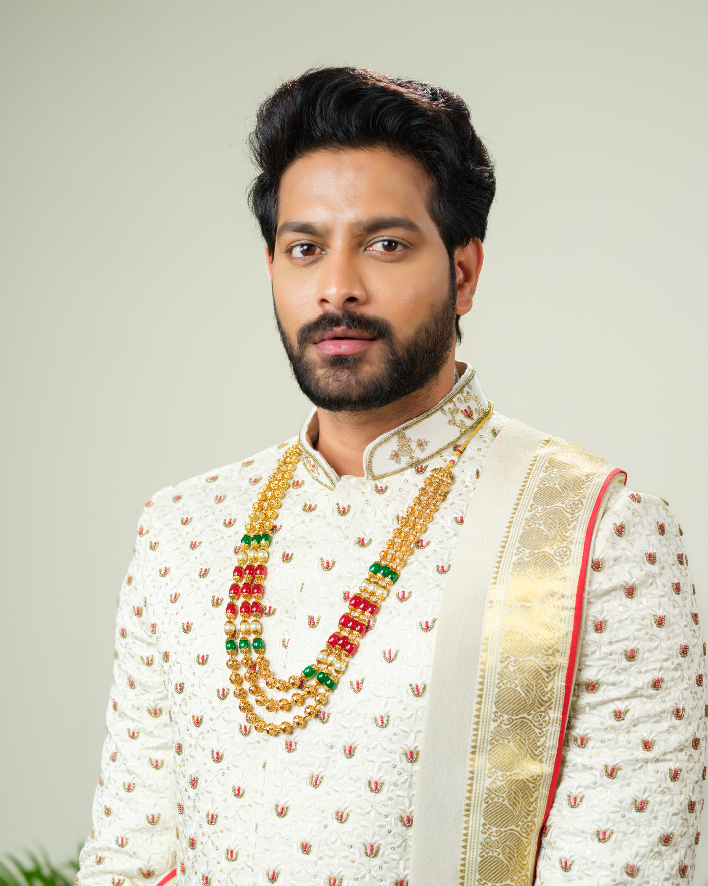 Namalu kanchipattu Sherwani Dhothi Set.