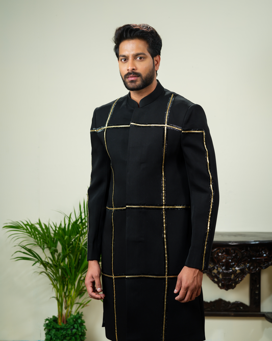 Black Sherwani with Black and Gold Detailing
