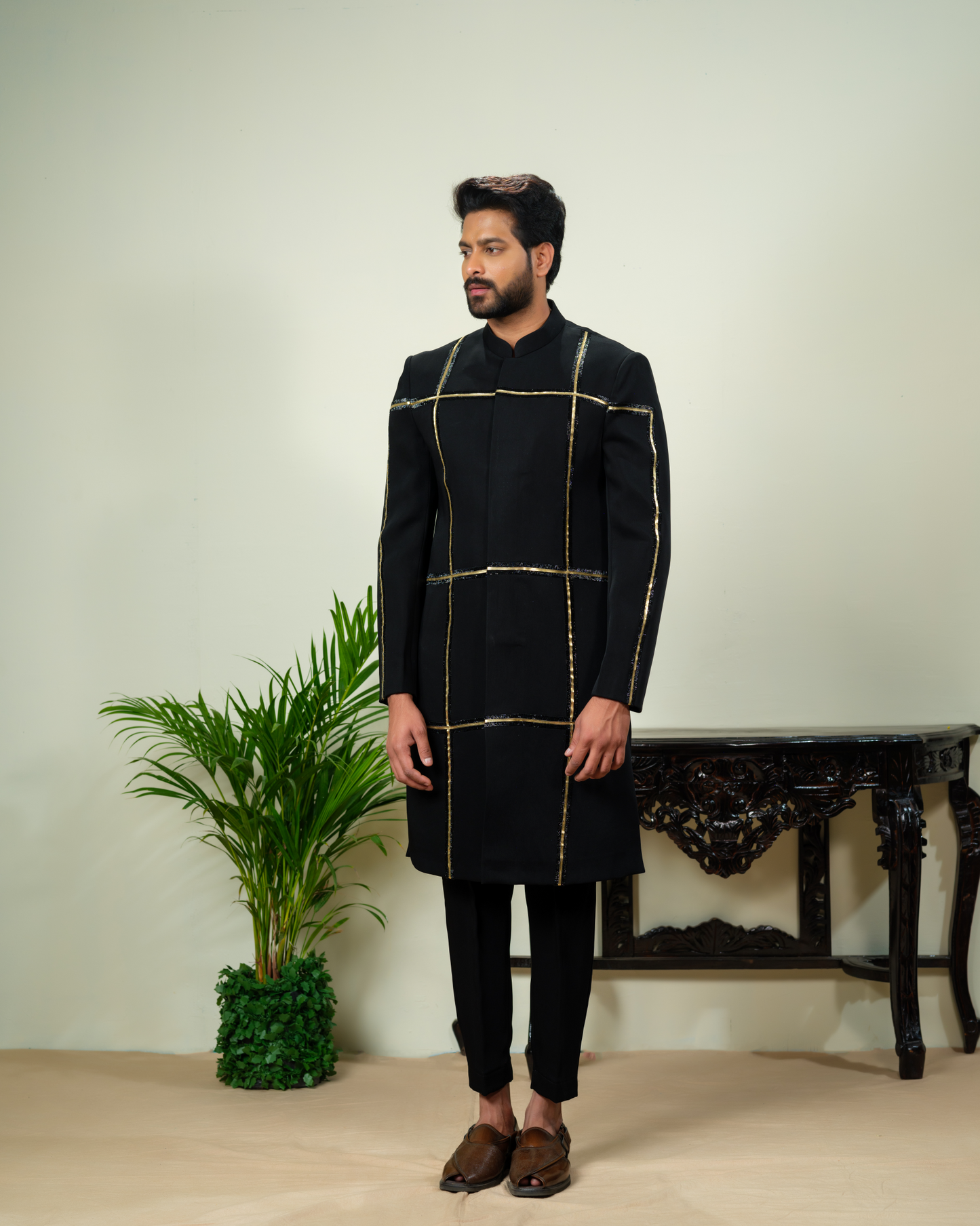 Black Sherwani with Black and Gold Detailing