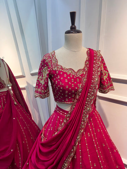 Bright Pink Hand-Embroidered Lehenga Set