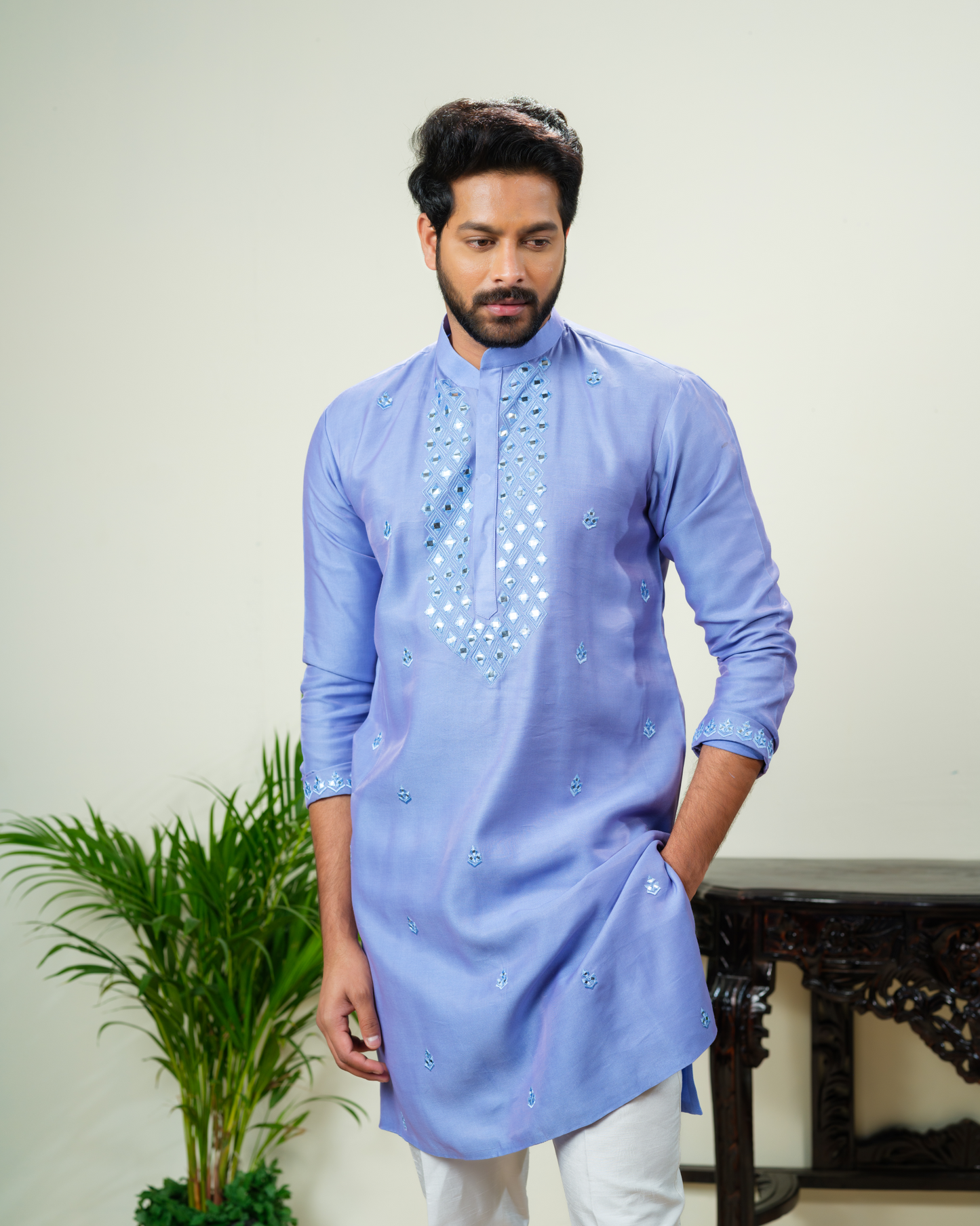 Blue mirror embroidered Kurta along with Pant