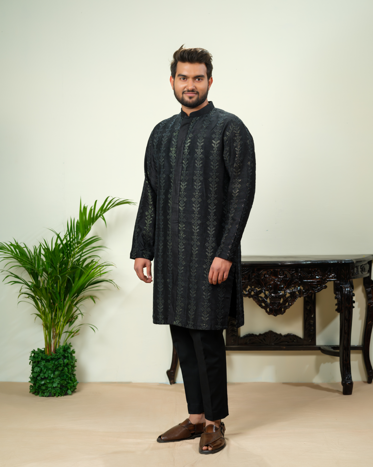 Black Sequence Semi Sherwani along with pant