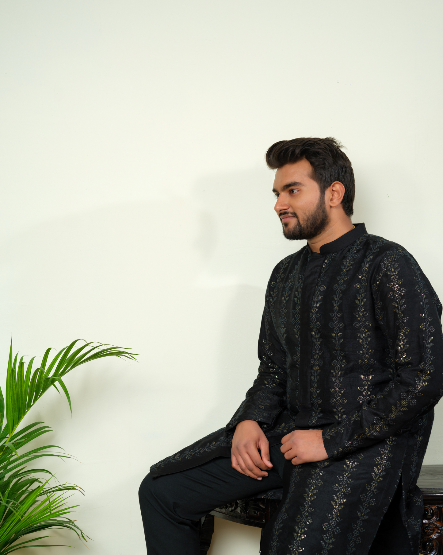 Black Sequence Semi Sherwani along with pant