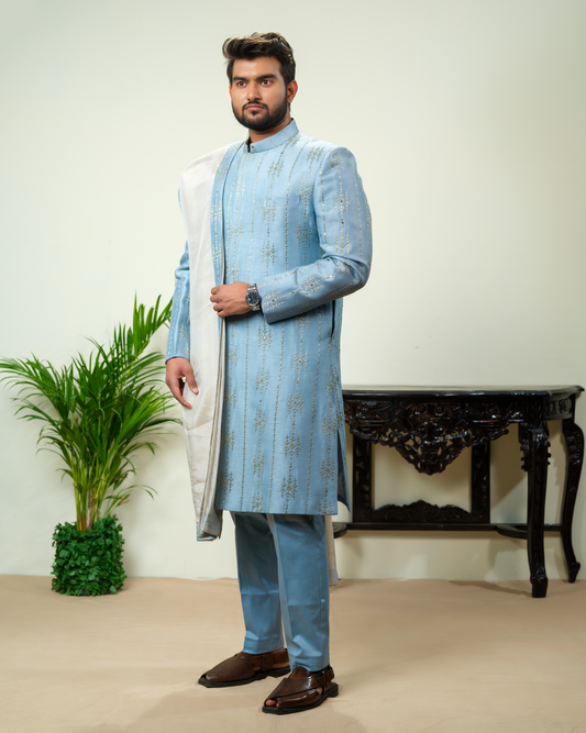 Powder Blue Sherwani with Dupatta and Pants