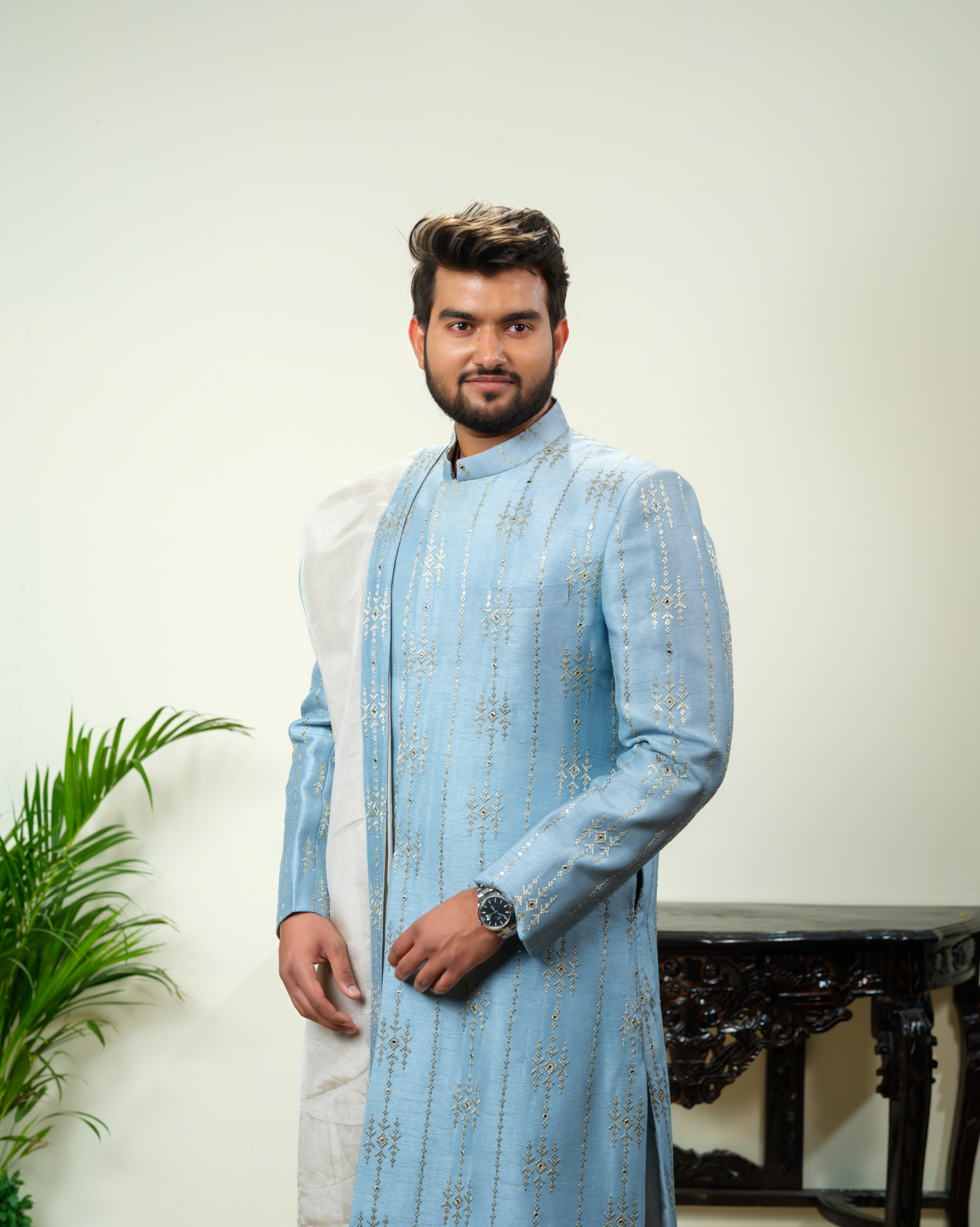 Powder Blue Sherwani with Dupatta and Pants