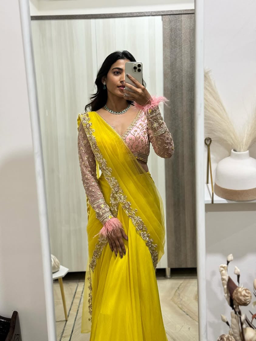 Yellow Crepe Georgette Half Saree Set with Embroidered Net Blouse and Dupatta