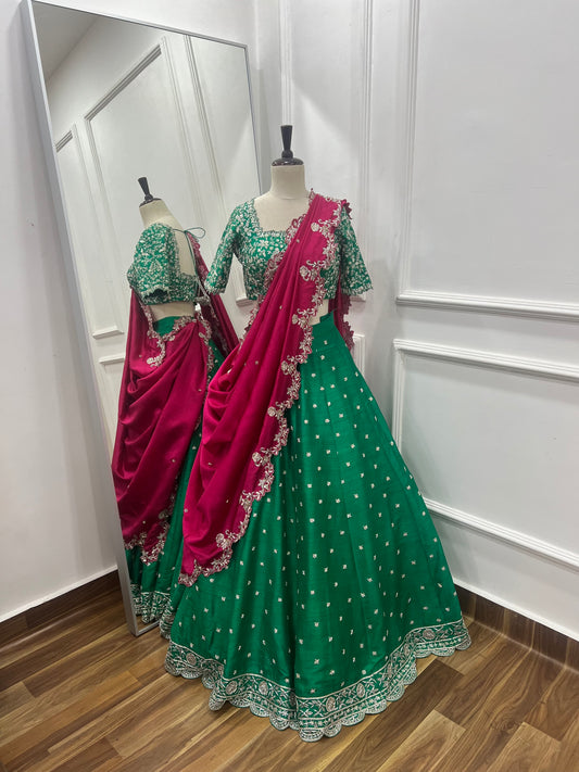 Pure Raw Silk Hand-Embroidered Lehenga Set