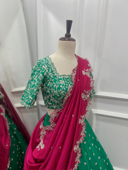 Pure Raw Silk Hand-Embroidered Lehenga Set