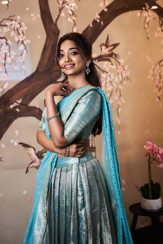 Pastel Blue Handwoven Zari Tissue Lehenga with Banarasi Georgette Dupatta