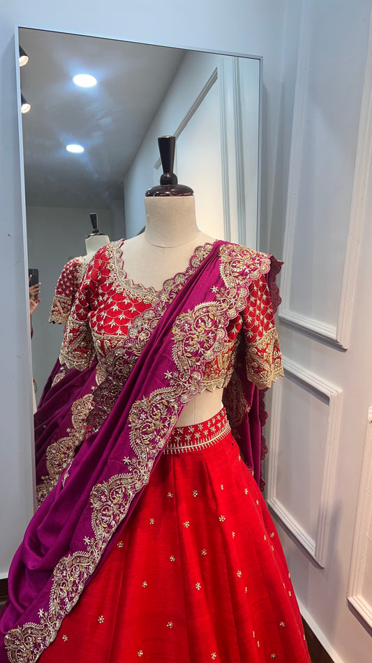 Pure Raw Silk Hand-Embroidered Lehenga Set
