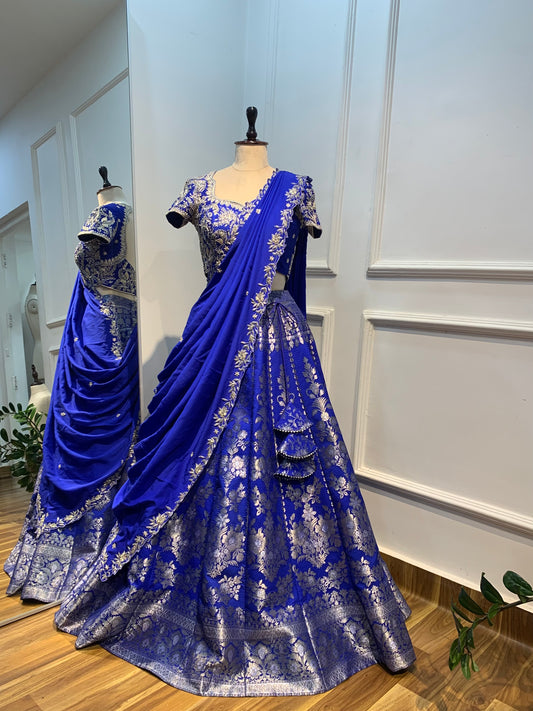 Blue banarasi lehenga with zardosi work on blouse and dupatta
