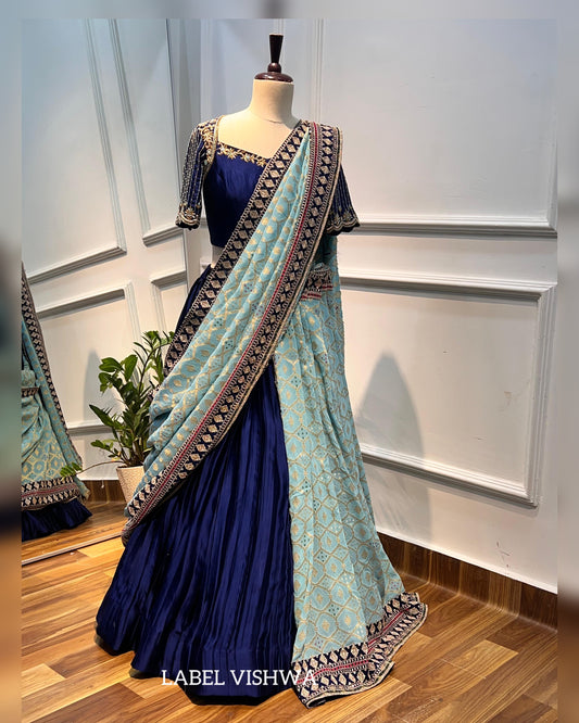 Navy Satin Raw Silk Lehenga Set with Hand-Embroidered Blouse and Banarasi Dupatta