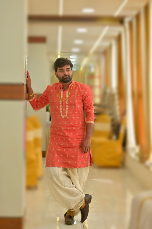 Tissue Raw Silk Kurta with Silk Dhoti & Handwork Border