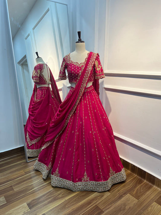 Bright Pink Hand-Embroidered Lehenga Set