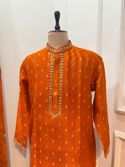 Hand embroidered orange kurta without pants