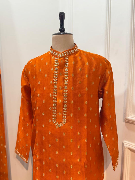 Hand embroidered orange kurta without pants