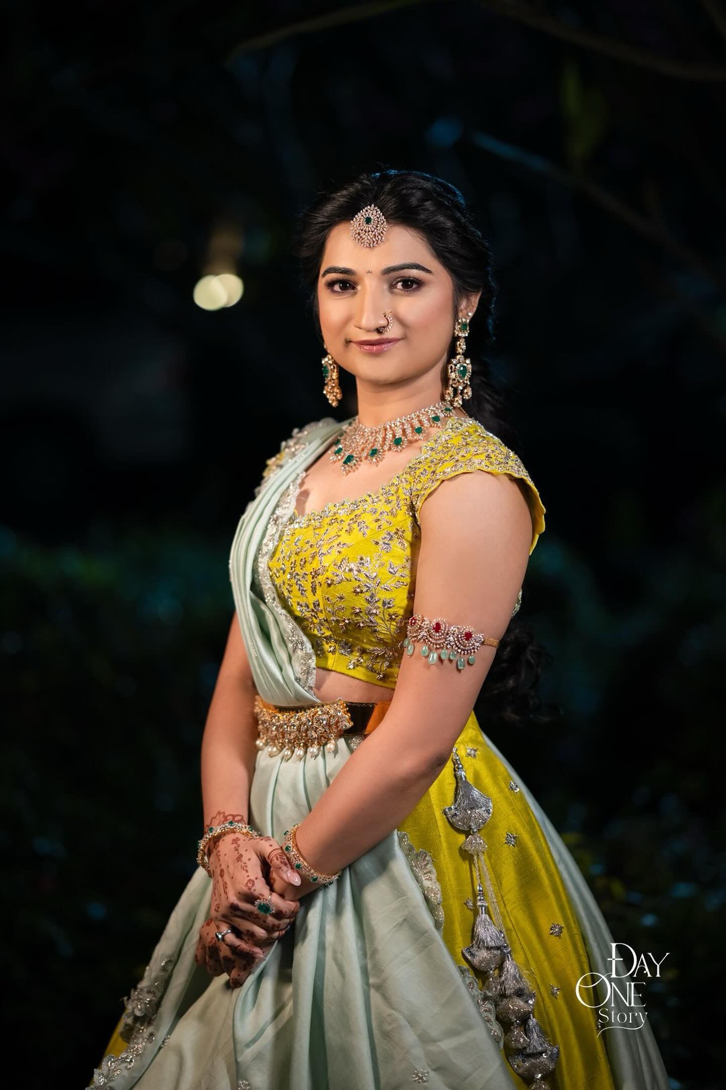 Yellow and Pastel Green Raw Silk Lehenga