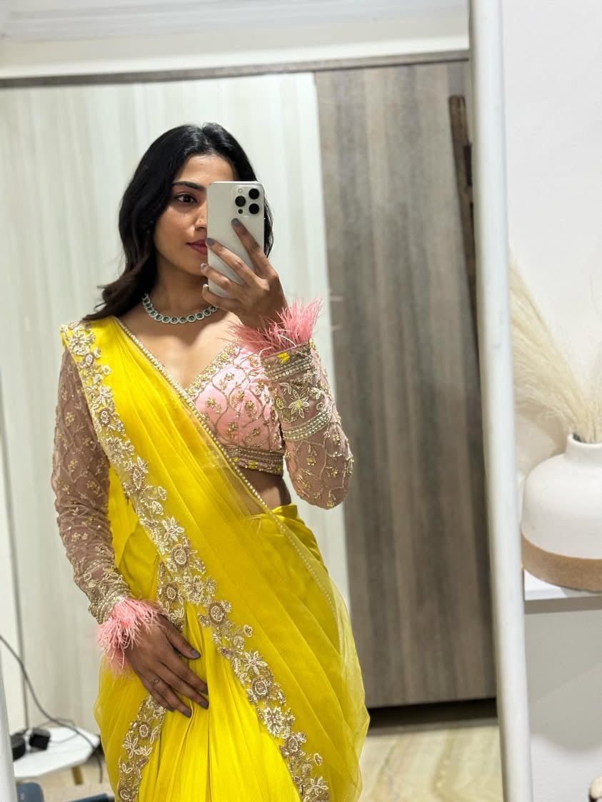 Yellow Crepe Georgette Half Saree Set with Embroidered Net Blouse and Dupatta