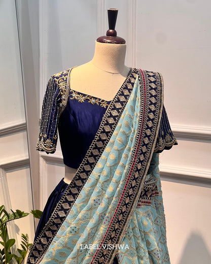 Navy Satin Raw Silk Lehenga Set with Hand-Embroidered Blouse and Banarasi Dupatta