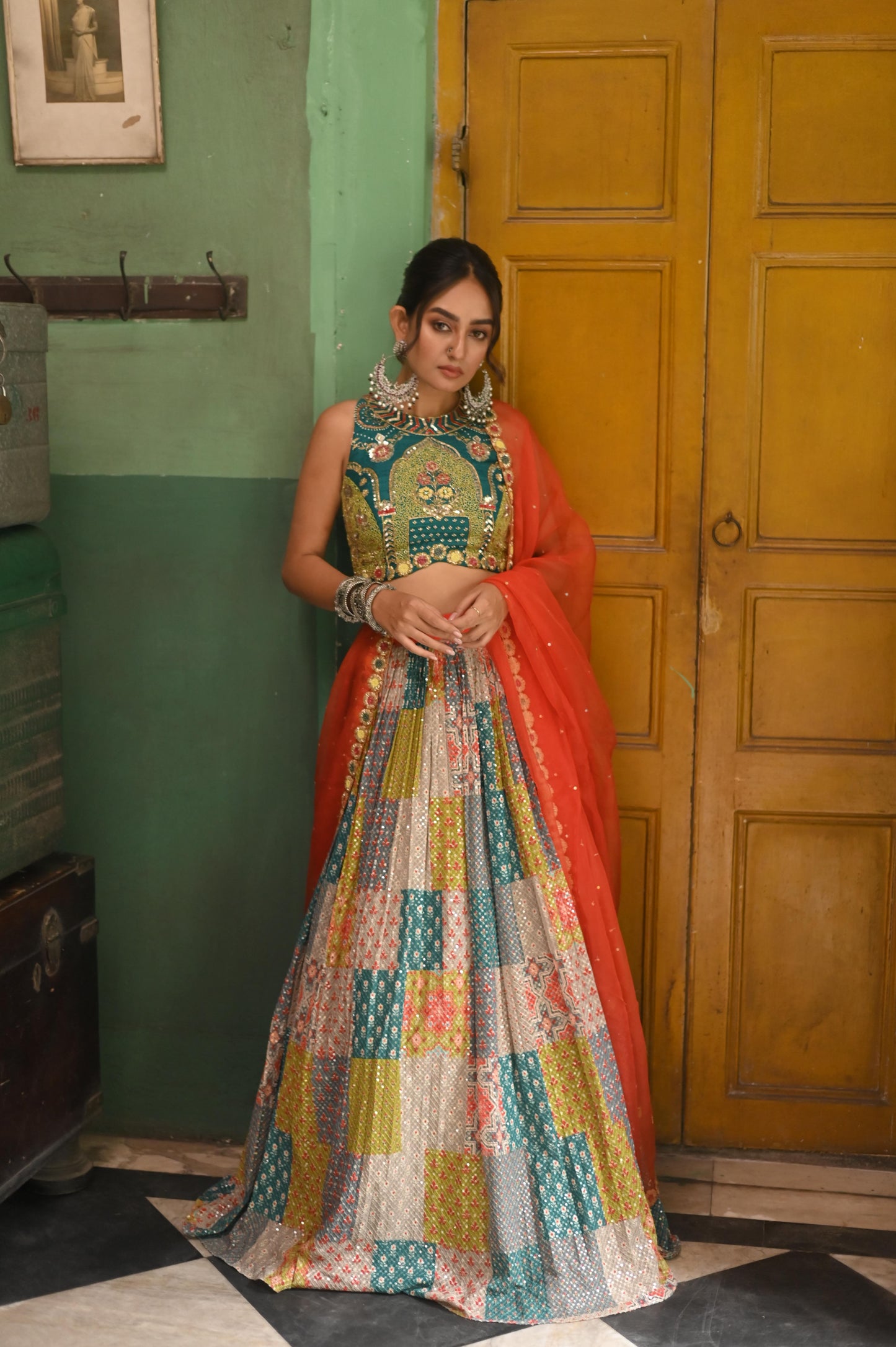 Multicolor Georgette Sequin Lehenga with Hand-Embroidered Raw Silk Blouse